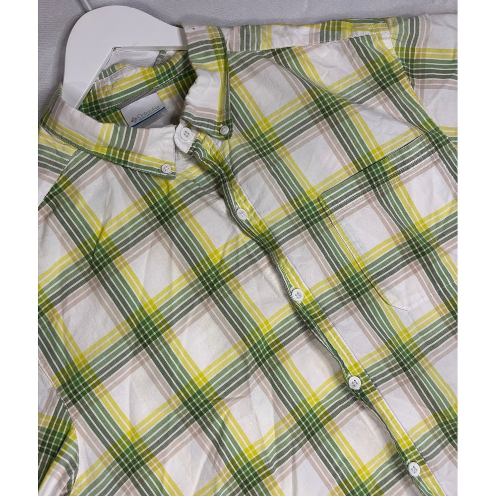 Columbia Mens Large Short Sleeve Plaid Button Down Shirt Green Yellow Cotton L